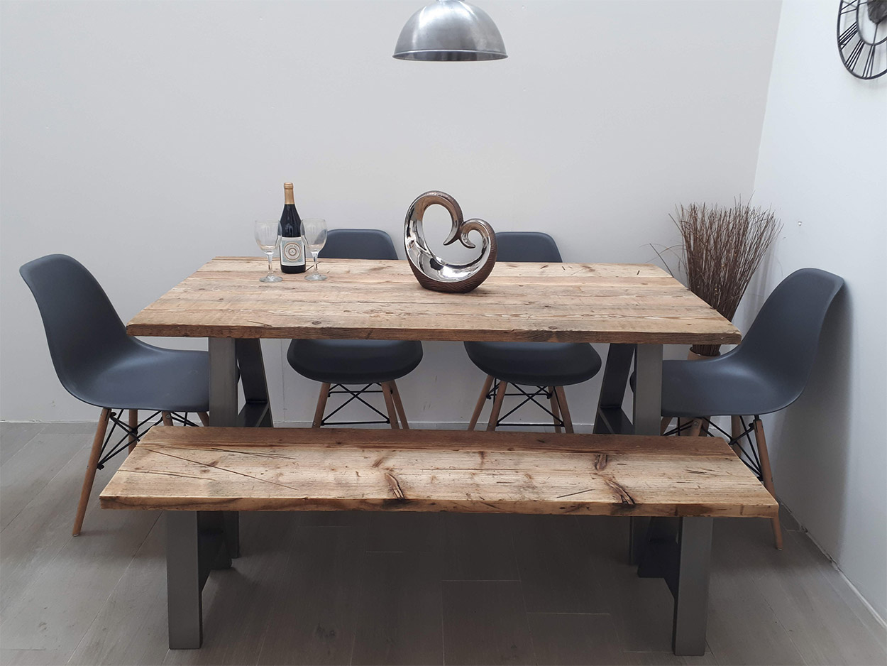 The Howden Reclaimed Wood Dining Table With Optional Bench Features Industrial Style A Frame Legs To Give A Modern Contrast To The Rustic Wood Top Fitted Your Way
