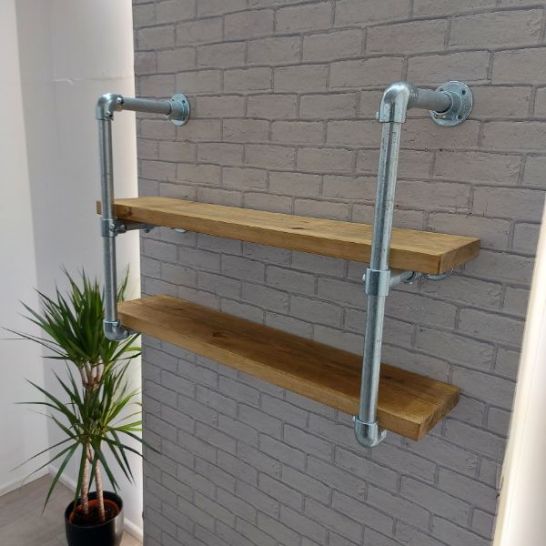 Rustic Wood Shelves –  Double Shelf – Industrial Pipe Frame – MALHAM