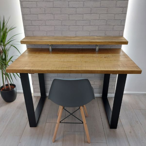 Industrial Desk with Monitor Shelf – Adjustable – Square Box Legs – The SALTAIRE