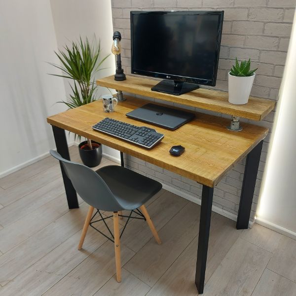 Industrial Desk with Monitor Shelf – Fixed – Single Box Pin Legs – The CLAPHAM