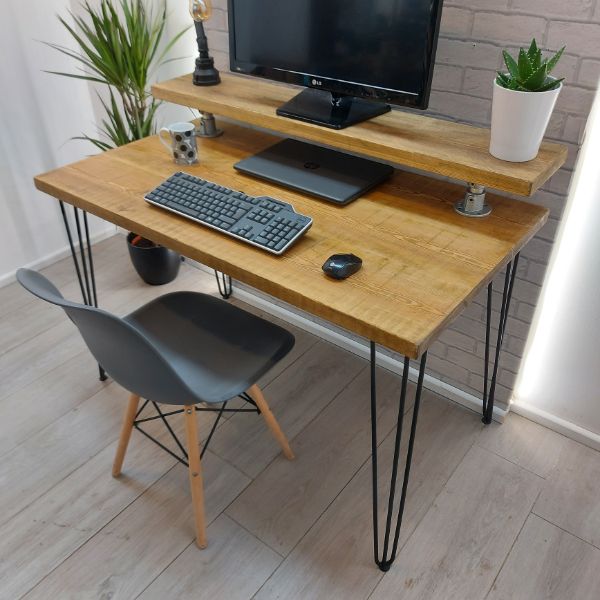 Industrial Desk with Monitor Shelf – Fixed – Hair Pin Legs – The TODMORDEN