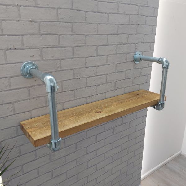 Industrial Pipe Wall Shelf – Solid Wood and Silver Steel Frame – PENISTONE