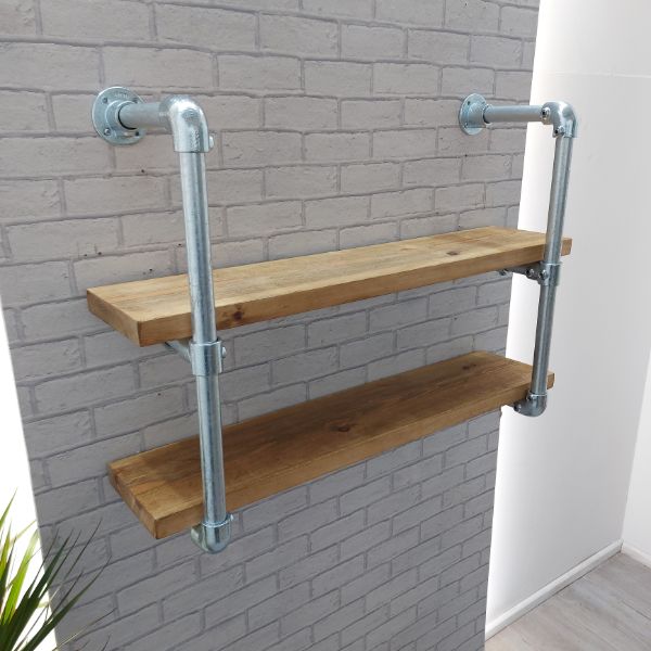 Rustic Wood Shelves –  Double Shelf – Industrial Pipe Frame – MALHAM