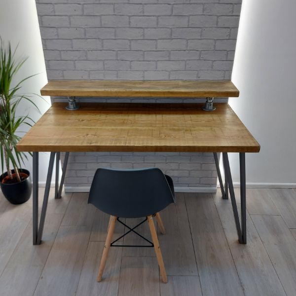 Industrial Desk with Monitor Shelf – Fixed – Box Pin Legs – The BINGLEY