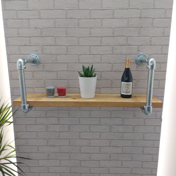 Industrial Pipe Wall Shelf – Solid Wood and Silver Steel Frame – PENISTONE
