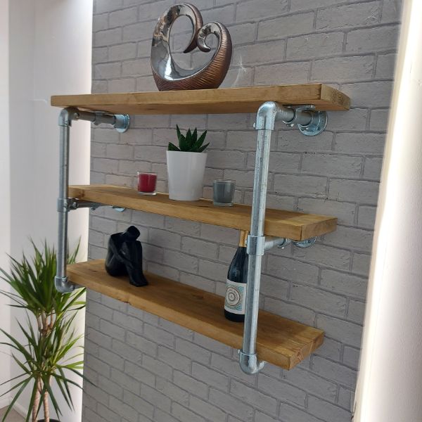 Rustic Wood Shelves – Triple Shelf – Industrial Pipe Frame – HOVINGHAM