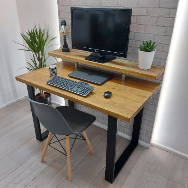 Industrial Desk with Monitor Shelf – Adjustable – Square Box Legs – The SALTAIRE