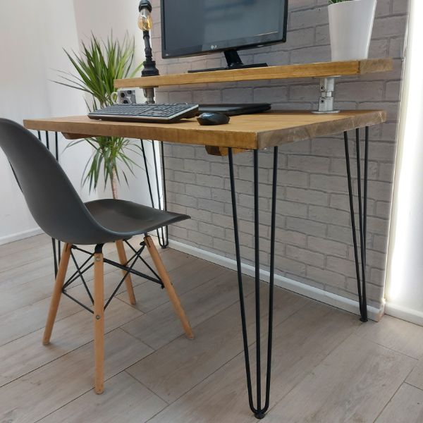 Industrial Desk with Monitor Shelf – Fixed – Hair Pin Legs – The TODMORDEN