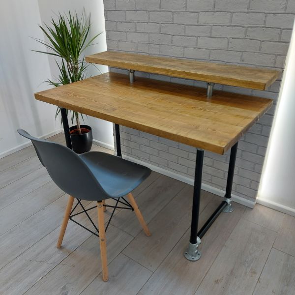 Industrial Desk with Monitor Shelf – Adjustable – Tube and Clamp Legs – The INGLETON