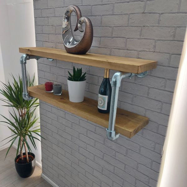 Rustic Wood Shelves – Double Shelf – Industrial Pipe Frame – RAVENSCAR