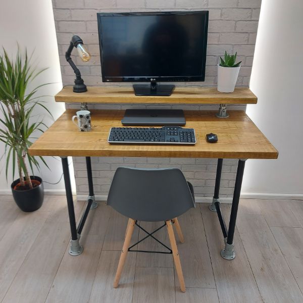 Industrial Desk with Monitor Shelf – Fixed – Tube and Clamp Legs – The MALTON