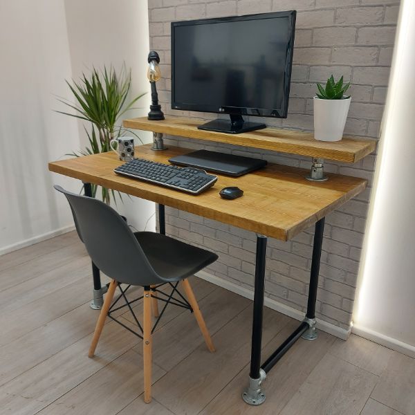 Industrial Desk with Monitor Shelf – Fixed – Tube and Clamp Legs – The MALTON
