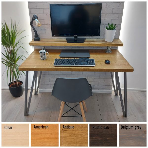 Industrial Desk with Monitor Shelf – Fixed – Box Pin Legs – The BINGLEY