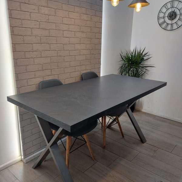 Concrete / Slate effect Modern Dining Table with X Frame Legs in High Quality Laminate Finish and optional bench – REETH Style