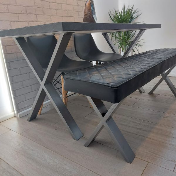 Concrete / Slate effect Modern Dining Table with X Frame Legs in High Quality Laminate Finish and optional bench – REETH Style
