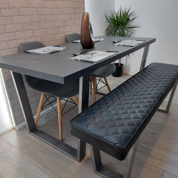 Concrete / Slate effect Modern Dining Table with V Frame Legs in High Quality Laminate Finish and optional bench – Buckden Style