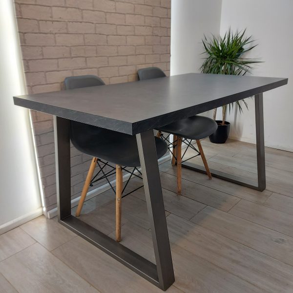 Concrete / Slate effect Modern Dining Table with Trapezium Frame Legs in High Quality EGGER Laminate Finish and optional bench – Ilkley Style