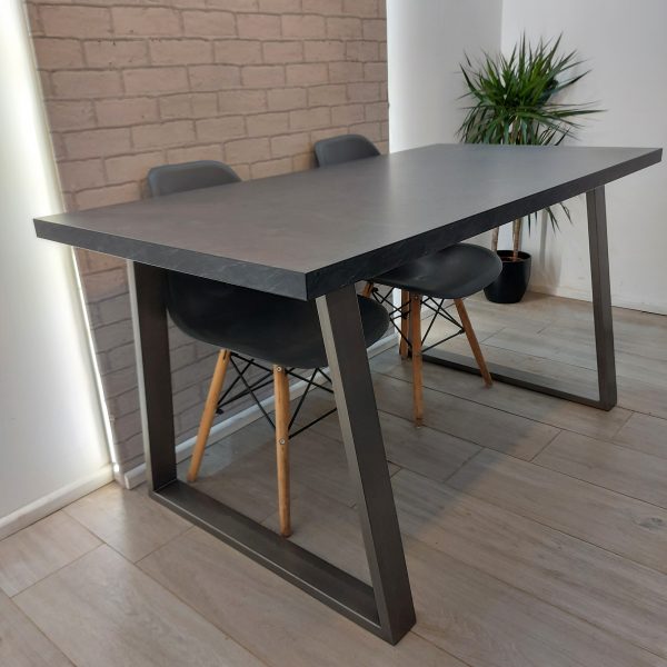 Concrete / Slate effect Modern Dining Table with Trapezium Frame Legs in High Quality EGGER Laminate Finish and optional bench – Ilkley Style