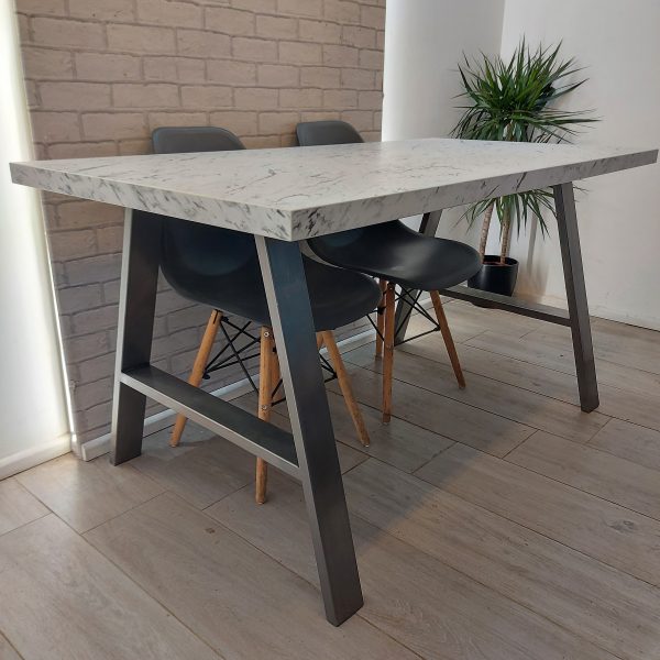 Marble effect Modern Dining Table with A Frame Legs in High Quality EGGER Laminate Finish and optional upholstered bench – Coxwold Style