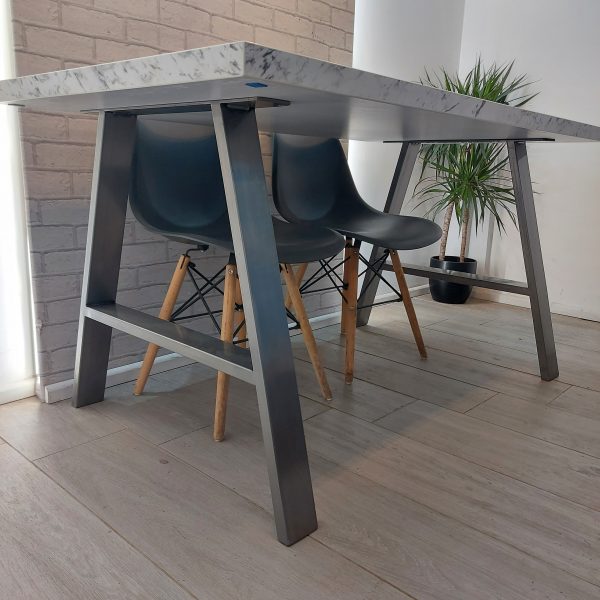 Marble effect Modern Dining Table with A Frame Legs in High Quality EGGER Laminate Finish and optional upholstered bench – Coxwold Style