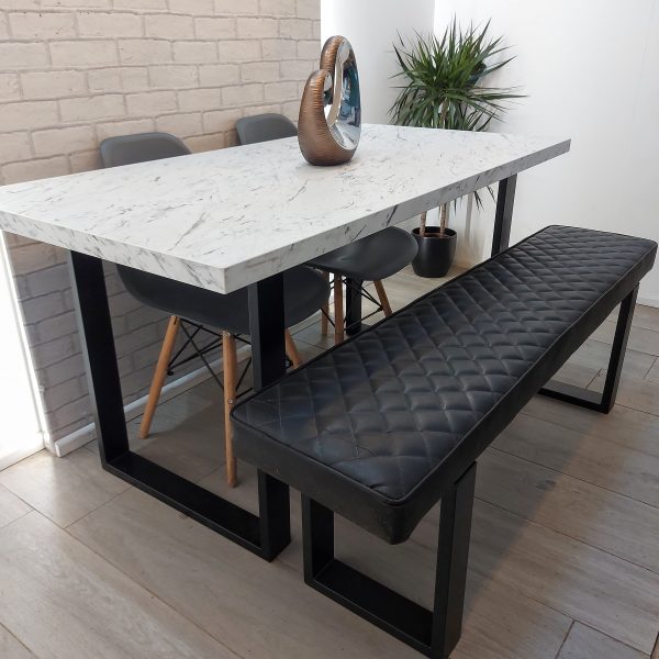 Marble effect Modern Dining Table with Square Frame Legs in High Quality Laminate Finish and optional upholstered bench – Elsecar Style