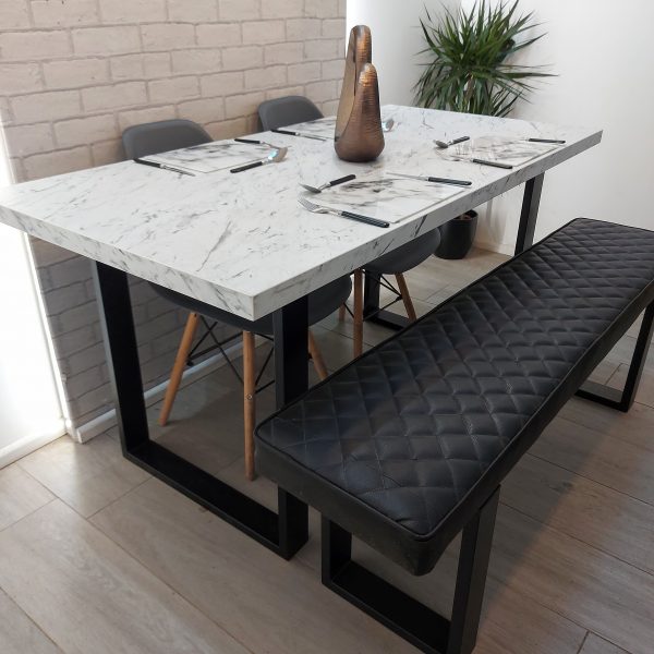 Marble effect Modern Dining Table with Square Frame Legs in High Quality Laminate Finish and optional upholstered bench – Elsecar Style