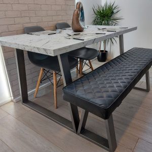 Marble effect Modern Dining Table with Trapezium Frame Legs in High Quality Laminate Finish and optional upholstered bench – Ilkley Style