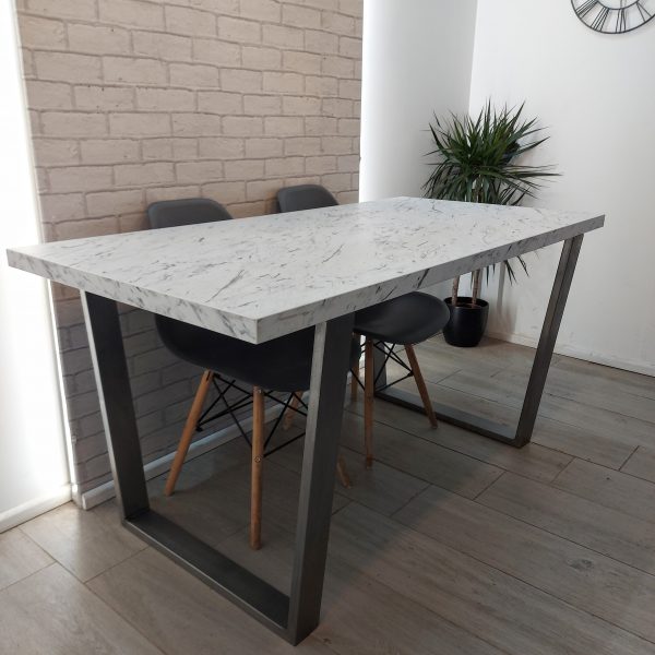 Marble effect Modern Dining Table with V Frame Legs in High Quality Laminate Finish and optional upholstered bench – Buckden Style