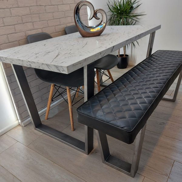 Marble effect Modern Dining Table with V Frame Legs in High Quality Laminate Finish and optional upholstered bench – Buckden Style