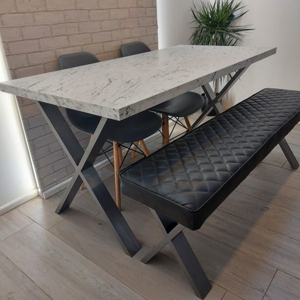 Marble effect Modern Dining Table with X Frame Legs in High Quality Laminate Finish and optional upholstered bench – REETH Style