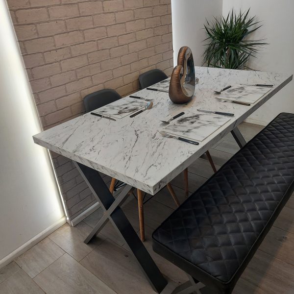 Marble effect Modern Dining Table with X Frame Legs in High Quality Laminate Finish and optional upholstered bench – REETH Style